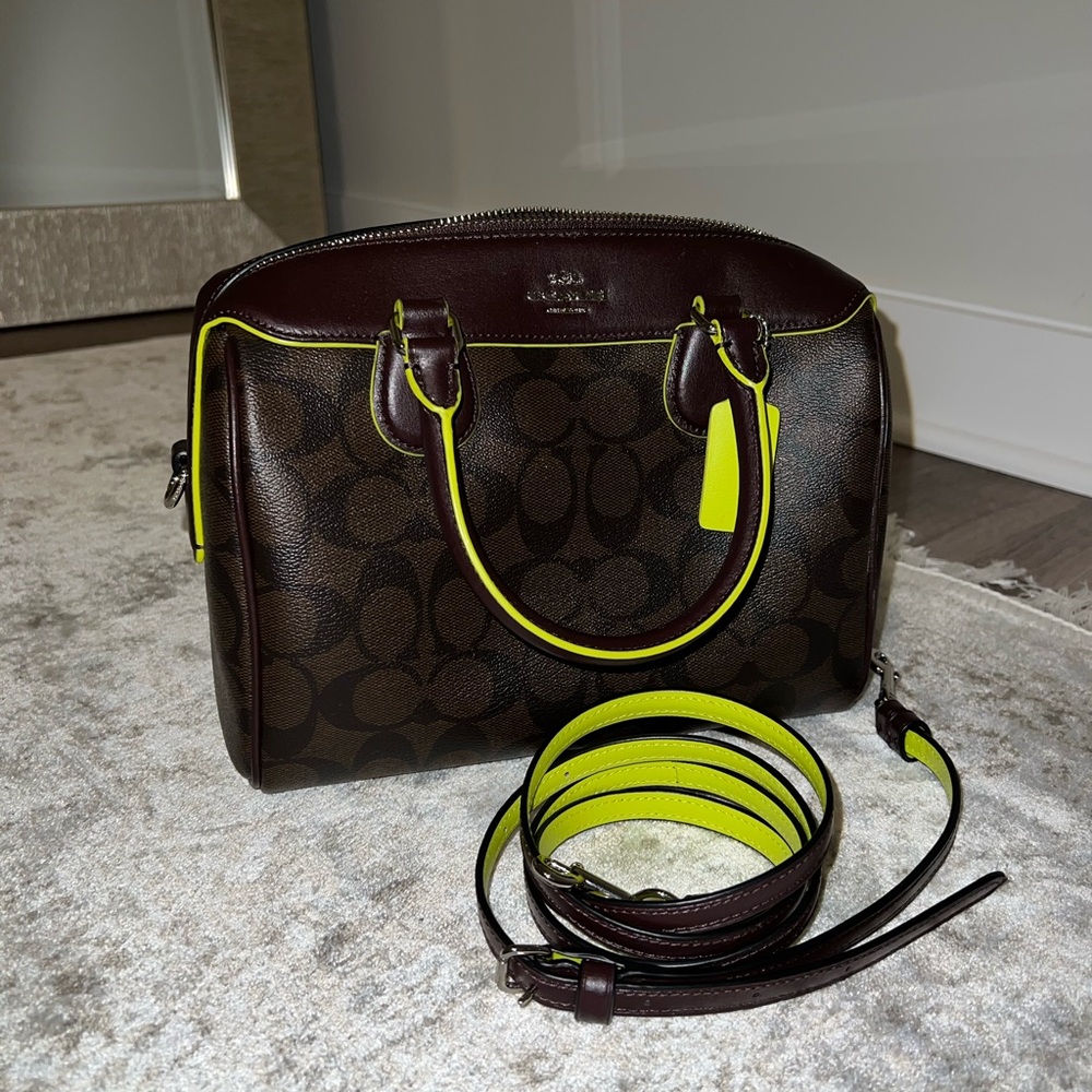 Coach Mini Bennett Satchel Purse - Brown & Neon Yellow edging - NWT